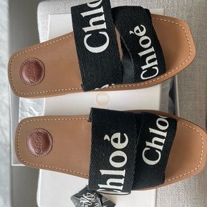 Chloe black straps wooden flat worn once